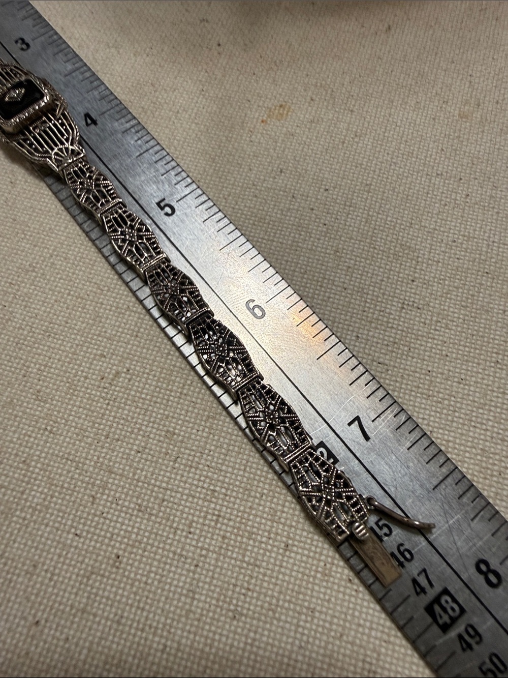 Vintage Antique Sterling Silver Filigree Bracelet W/Diamond & Black Dial 7.5’ - Picture 11 of 11